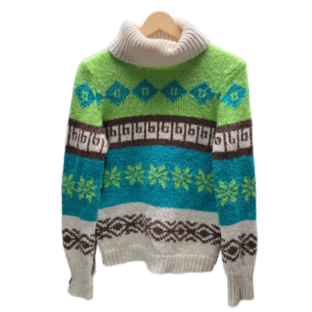 Old Navy Fair Isle Snowflake Turtleneck Sweater Women's Size L Bright Green Blue